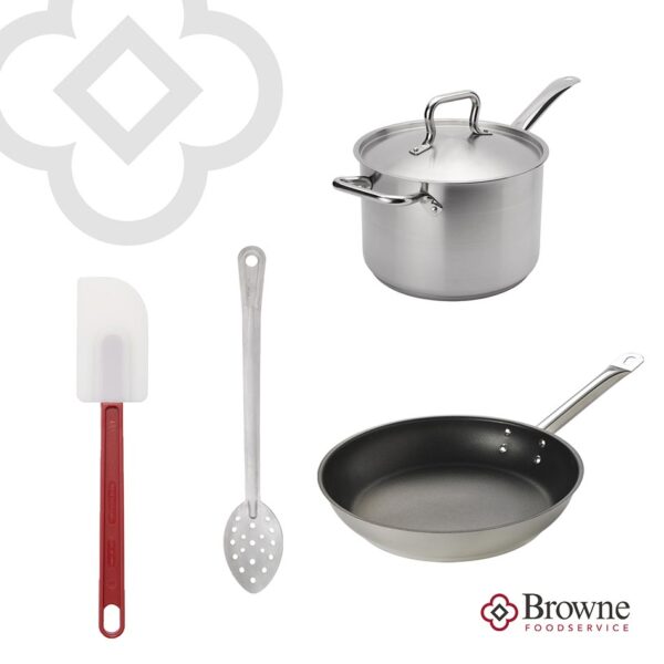 BROWNE Foodservices,cookware set,professional-grade,Thermalloy fry pan,Elements saucepan,Excalibur non-stick coating,high-heat scraper,Renaissance basting spoon,stainless steel,NSF-certified